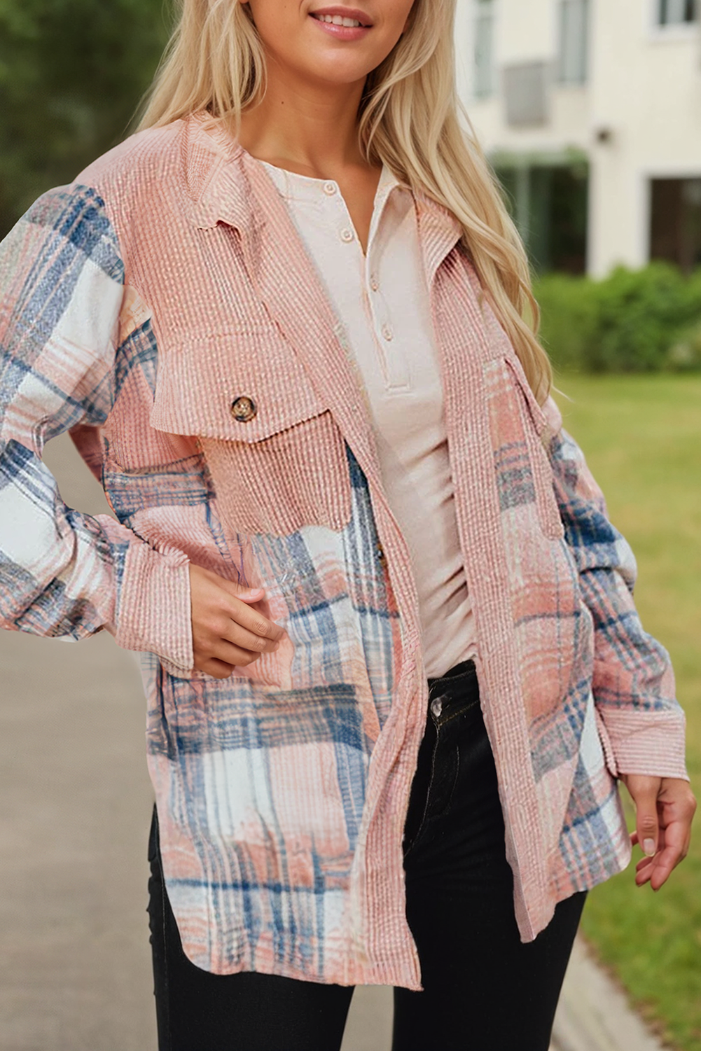 Plaid Corduroy Patchwork Chest Pocket Shacket – Oversized Fall Layer